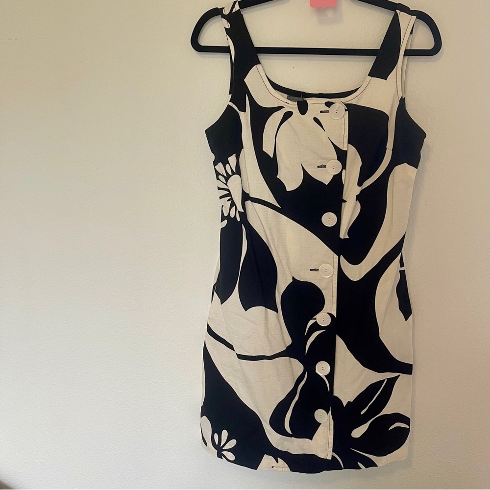 Tori Richard Black + White Palm Print Mini Dress